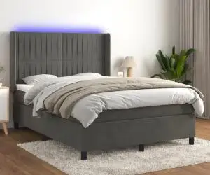 vidaXL Pat cu arcuri, saltea și LED, gri închis, 140x200 cm, catifea