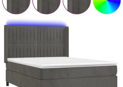 Pat cu arcuri, saltea și LED, gri închis, 140x200 cm, catifea - 2/5