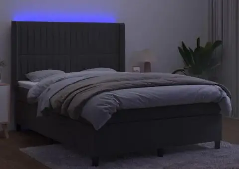 Pat cu arcuri, saltea și LED, gri închis, 140x200 cm, catifea - 3/5