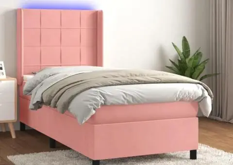 Pat cu arcuri, saltea și LED, roz, 90x190 cm, catifea - 1/5