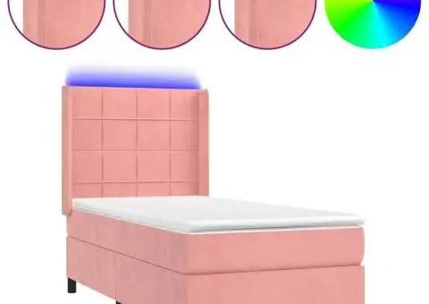 Pat cu arcuri, saltea și LED, roz, 90x190 cm, catifea - 2/5