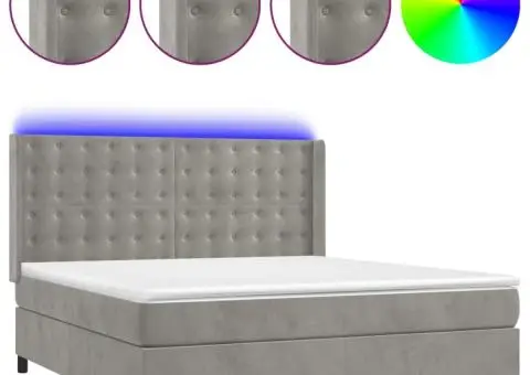 Pat cu arcuri, saltea și LED, gri deschis, 160x200 cm, catifea - 2/5