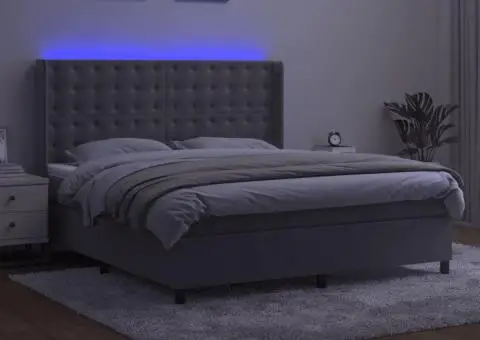 Pat cu arcuri, saltea și LED, gri deschis, 160x200 cm, catifea - 3/5