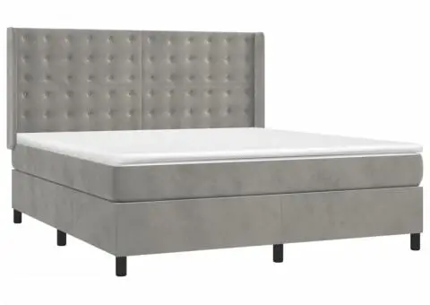 Pat cu arcuri, saltea și LED, gri deschis, 160x200 cm, catifea - 4/5