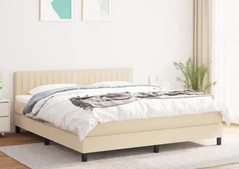 Pat box spring cu saltea, crem, 160x200 cm, material textil - 1/5