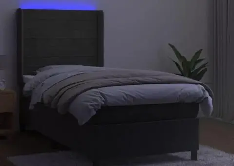 Pat cu arcuri, saltea și LED, gri închis, 90x190 cm, catifea - 3/5