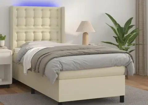 Pat cu arcuri, saltea și LED, crem, 100x200 cm, piele ecologică - 1/5