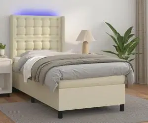 vidaXL Pat cu arcuri, saltea și LED, crem, 100x200 cm, piele ecologică