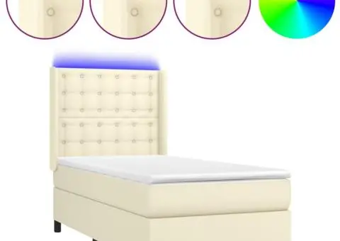 Pat cu arcuri, saltea și LED, crem, 100x200 cm, piele ecologică - 2/5