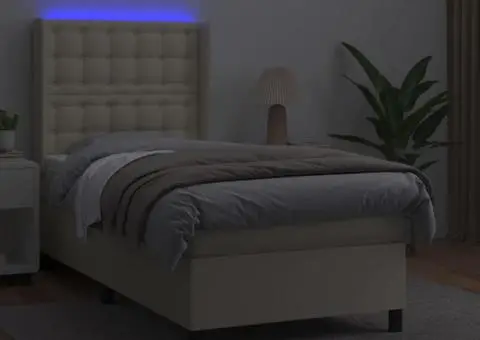 Pat cu arcuri, saltea și LED, crem, 100x200 cm, piele ecologică - 3/5