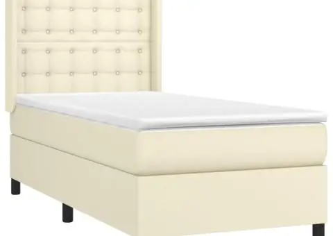 Pat cu arcuri, saltea și LED, crem, 100x200 cm, piele ecologică - 4/5