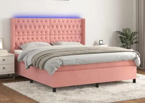 Pat cu arcuri, saltea & LED, roz, 180x200 cm, catifea - 1/5