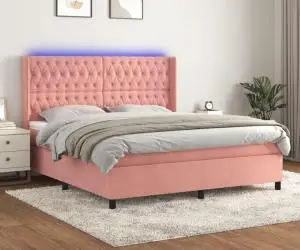 vidaXL Pat cu arcuri, saltea & LED, roz, 180x200 cm, catifea