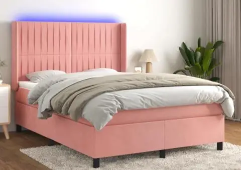 Pat cu arcuri, saltea și LED, negru, 140x200 cm, catifea - 1/5