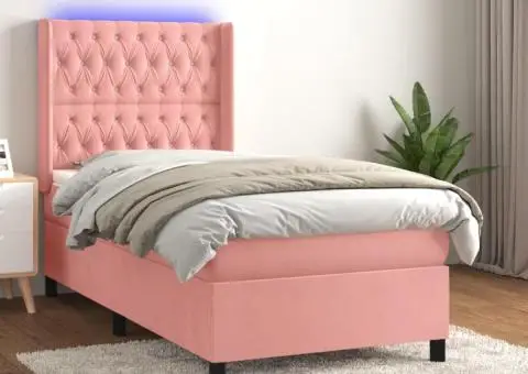 Pat cu arcuri, saltea și LED, roz, 90x190 cm, catifea - 1/5