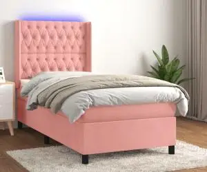 vidaXL Pat cu arcuri, saltea și LED, roz, 90x190 cm, catifea