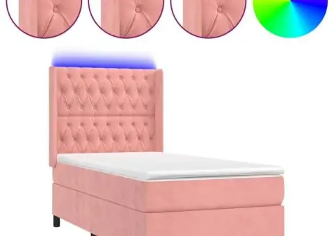 Pat cu arcuri, saltea și LED, roz, 90x190 cm, catifea - 2/5