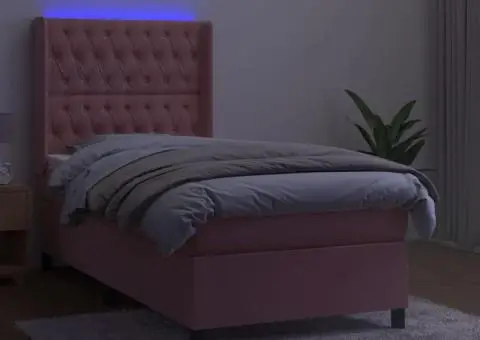 Pat cu arcuri, saltea și LED, roz, 90x190 cm, catifea - 3/5