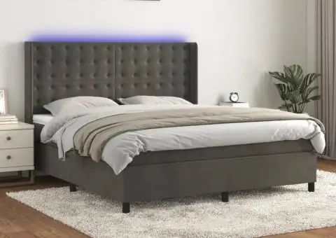 Pat cu arcuri, saltea și LED, gri închis, 180x200 cm, catifea - 1/5