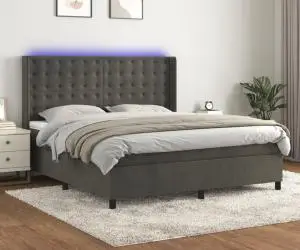vidaXL Pat cu arcuri, saltea și LED, gri închis, 180x200 cm, catifea