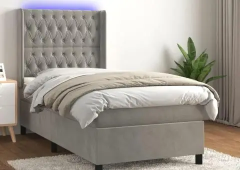 Pat cu arcuri, saltea și LED, gri deschis, 90x190 cm, catifea - 1/5