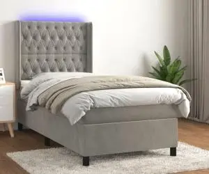 vidaXL Pat cu arcuri, saltea și LED, gri deschis, 90x190 cm, catifea