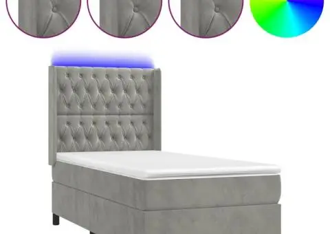 Pat cu arcuri, saltea și LED, gri deschis, 90x190 cm, catifea - 2/5