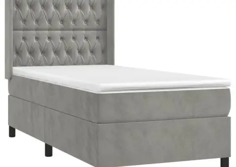 Pat cu arcuri, saltea și LED, gri deschis, 90x190 cm, catifea - 4/5