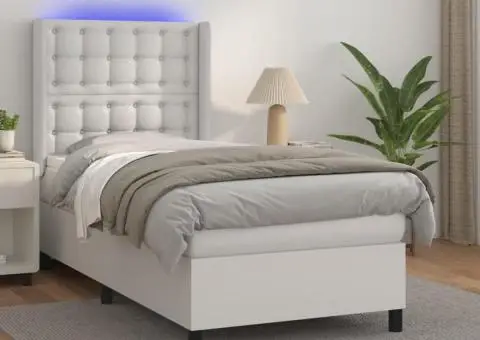 Pat continental cu saltea & LED, alb, 90x200 cm, piele eco - 1/5