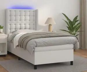 vidaXL Pat continental cu saltea & LED, alb, 90x200 cm, piele eco