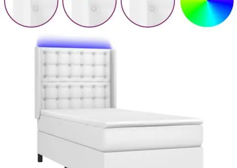 Pat continental cu saltea & LED, alb, 90x200 cm, piele eco - 2/5