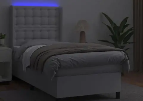 Pat continental cu saltea & LED, alb, 90x200 cm, piele eco - 3/5