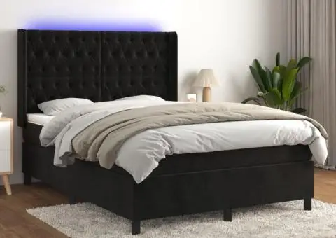 Pat cu arcuri, saltea și LED, negru, 140x190 cm, catifea - 1/5