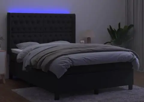 Pat cu arcuri, saltea și LED, negru, 140x190 cm, catifea - 3/5