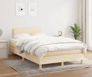 vidaXL Pat box spring cu saltea, crem, 120x200 cm, textil