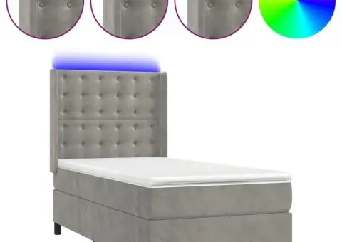 Pat cu arcuri, saltea și LED, gri deschis, 90x200 cm, catifea - 2/5