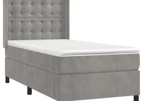 Pat cu arcuri, saltea și LED, gri deschis, 90x200 cm, catifea - 4/5