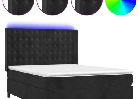 Pat cu arcuri, saltea și LED, negru, 140x200 cm, catifea - 2/5
