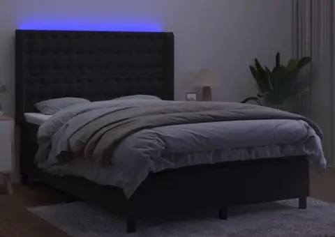 Pat cu arcuri, saltea și LED, negru, 140x200 cm, catifea - 3/5