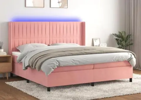 Pat continental cu saltea & LED, roz, 200x200 cm, catifea - 1/5