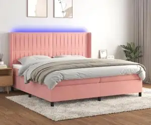 vidaXL Pat continental cu saltea & LED, roz, 200x200 cm, catifea