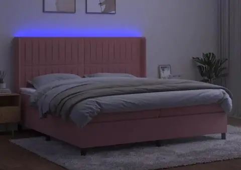 Pat continental cu saltea & LED, roz, 200x200 cm, catifea - 3/5