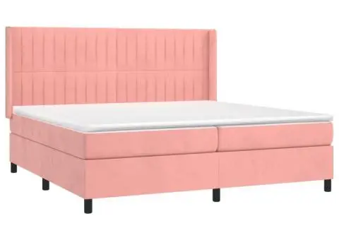 Pat continental cu saltea & LED, roz, 200x200 cm, catifea - 4/5