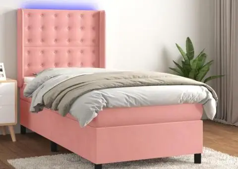 Pat continental cu saltea & LED, roz, 80x200 cm, catifea - 1/5