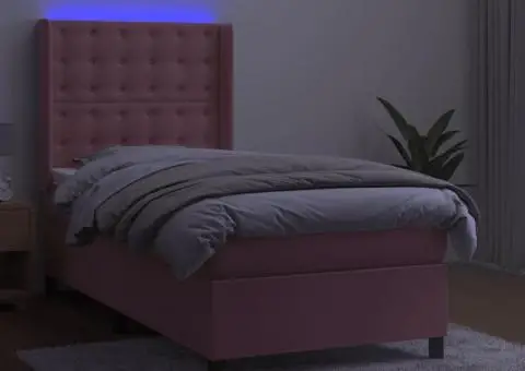 Pat continental cu saltea & LED, roz, 80x200 cm, catifea - 3/5