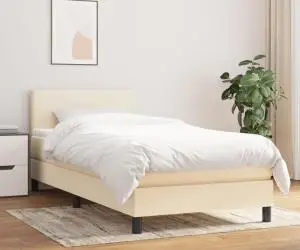 vidaXL Pat box spring cu saltea, crem, 90x200 cm, textil