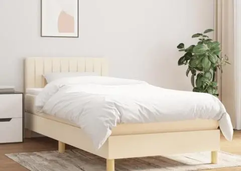 Pat box spring cu saltea, crem, 90x190 cm, textil - 1/5