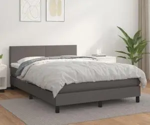 vidaXL Pat box spring cu saltea, gri, 140x200 cm, piele ecologică