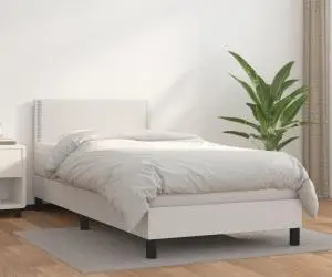 vidaXL Pat box spring cu saltea, alb, 90x200 cm, piele ecologică