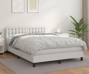vidaXL Pat box spring cu saltea, alb, 140x200 cm, piele ecologică